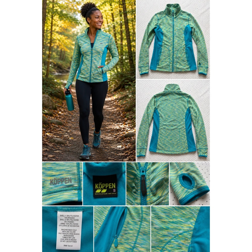 Koppen Womens Small Full Zip Performance Jacket Teal Green Space Dye Thumbholes